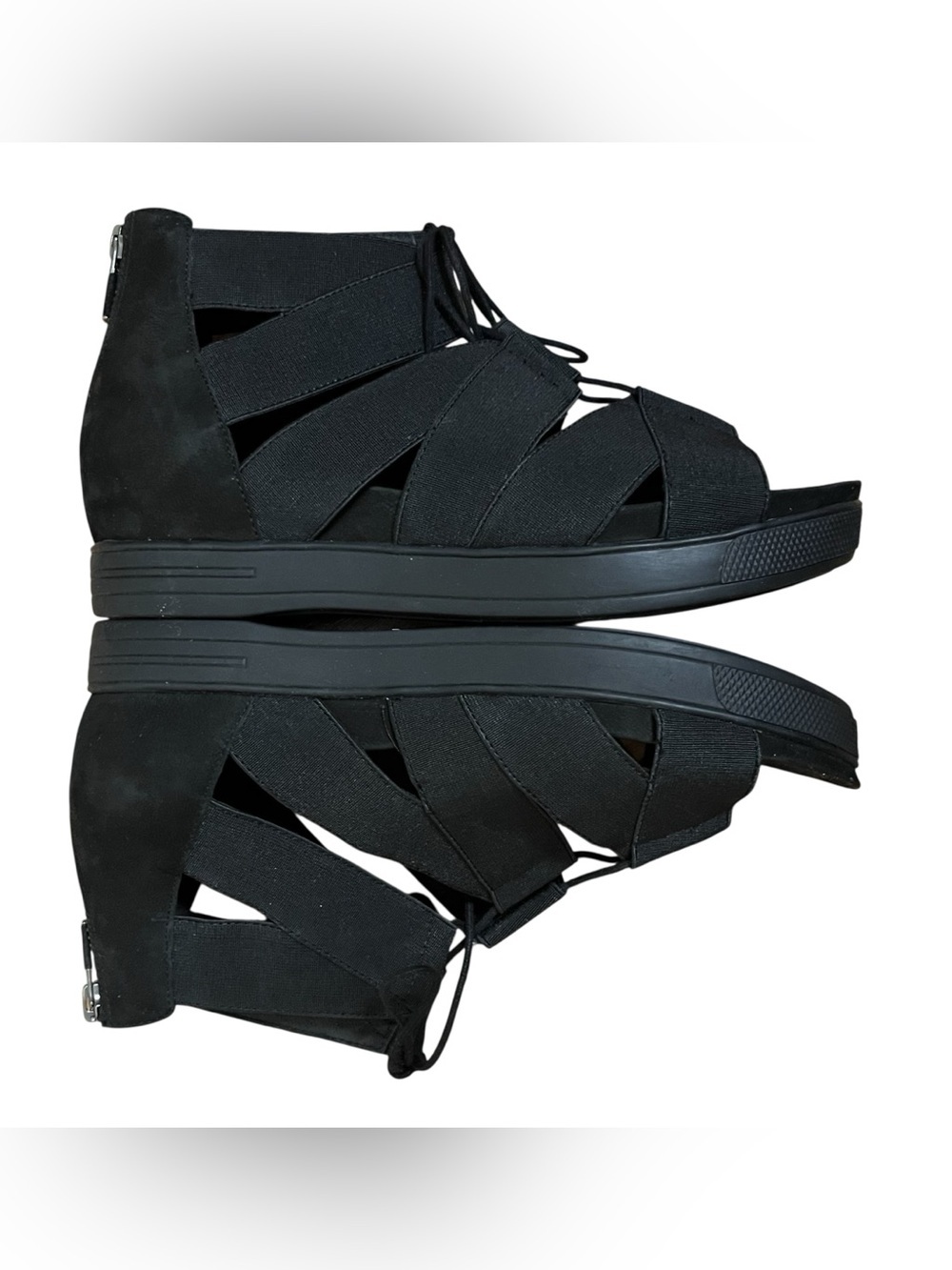 Eileen Fisher Link Elastic Strappy Zip Back Comfort Minimalist Black Sandals — 7 - Picture 6 of 10
